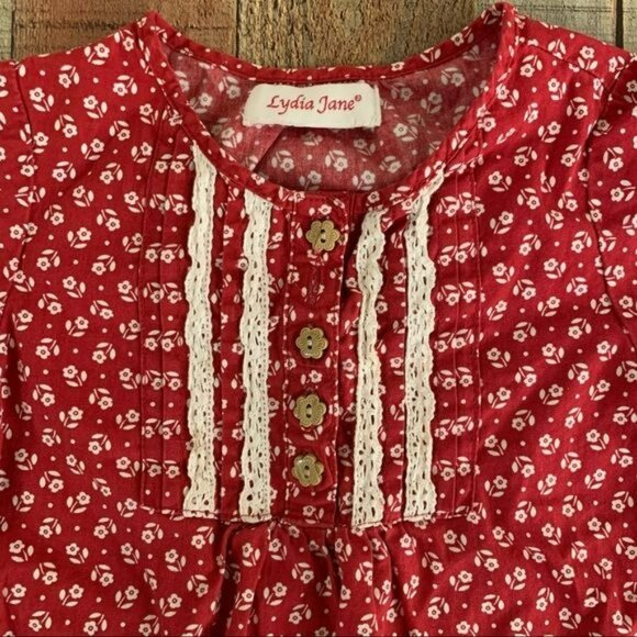 Lydia Jane Girls Red Floral Long-Sleeve Dress With Lace Detailing & Ruffle Hem - Picture 7 of 8